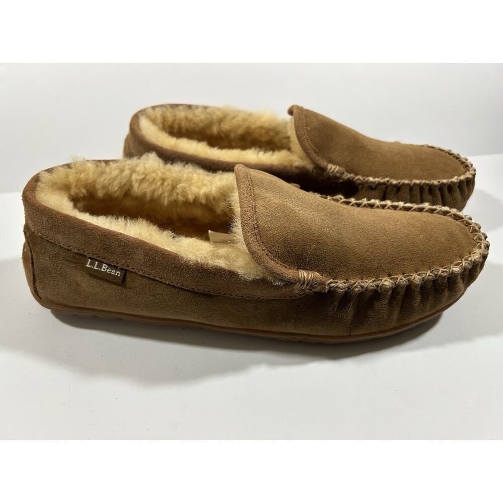 LL BEAN Wicked Good Men's Brown Suede Shearling Lined Moccasin Slippers Size 11M